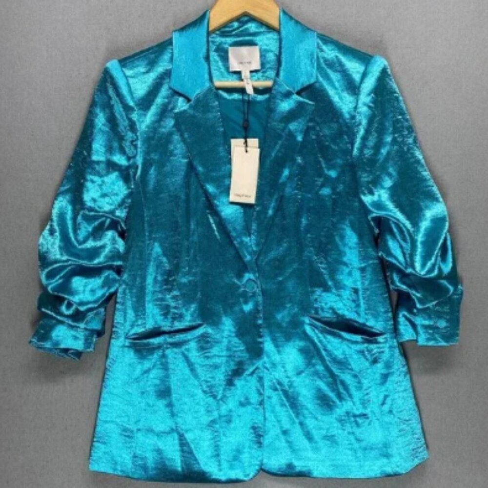 cinq à sept Blazer Womens 4 Satin Kylie Rouched Sleeves Pacific Blue
